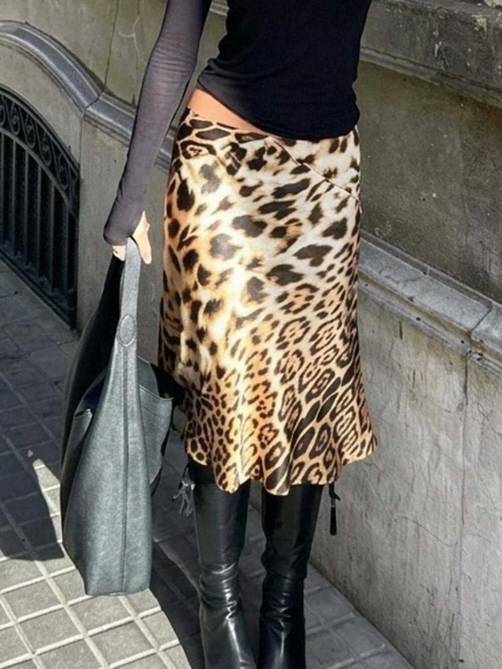 Khaki Elegant Women's Leopard Print Mid-Length Skirt